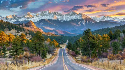 Beautiful View of Scenic Highway with American Rocky Mountain Landscape in the background. Sunset light