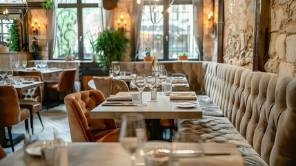 Fototapeta na wymiar Interior of an empty elegant restaurant with set tables, cozy atmosphere, and vintage decor. Generative AI