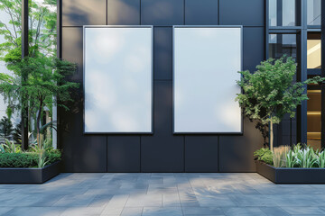 Two blank billboards on a modern building exterior, surrounded by greenery, showcasing a template concept. Generative AI