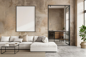 Modern living room interior with a white sofa and a blank poster on a distressed wall, Generative AI.