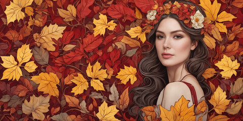 Art Nouveau styled woman with long hair with red and yellow color leaves and flowers. Painting and Drawings.