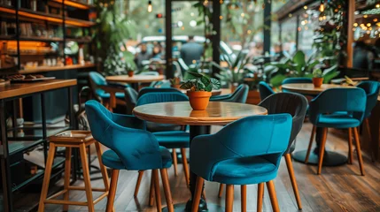  An empty cafe with stylish blue chairs and wooden tables, indoor, concept of modern dining space. Generative AI © ImageFlow