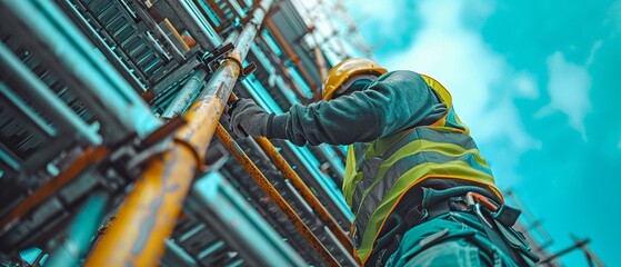 A worker constructing or erecting scaffolding on the building side while wearing a hard helmet and green vest.