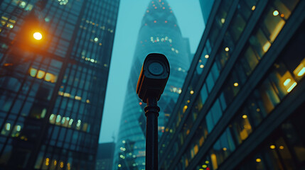 A security camera in focus against the backdrop of blurred city lights in the evening, conveying surveillance in an urban setting. Generative AI - obrazy, fototapety, plakaty