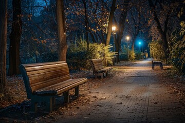 Late autumn evening in a park in Central Europe featuring wooden benches and a picturesque alleyway captured in a horizontal photograph - obrazy, fototapety, plakaty