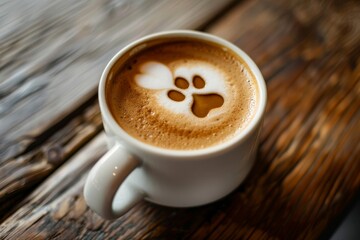 Latte art cat paw coffee in white mug on wooden table at pet cafe