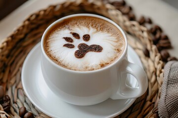 Latte art of dog paw in white mug at pet cafe