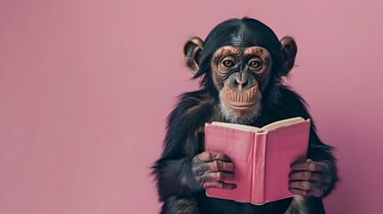 Scholarly Simian A Surreal Monkey Reading a Book on a Vivid Pink Background - obrazy, fototapety, plakaty
