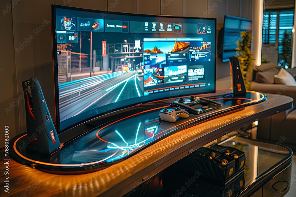 Poster a desk displaying two monitors and a game controller, creating a high-tech entertainment center for 