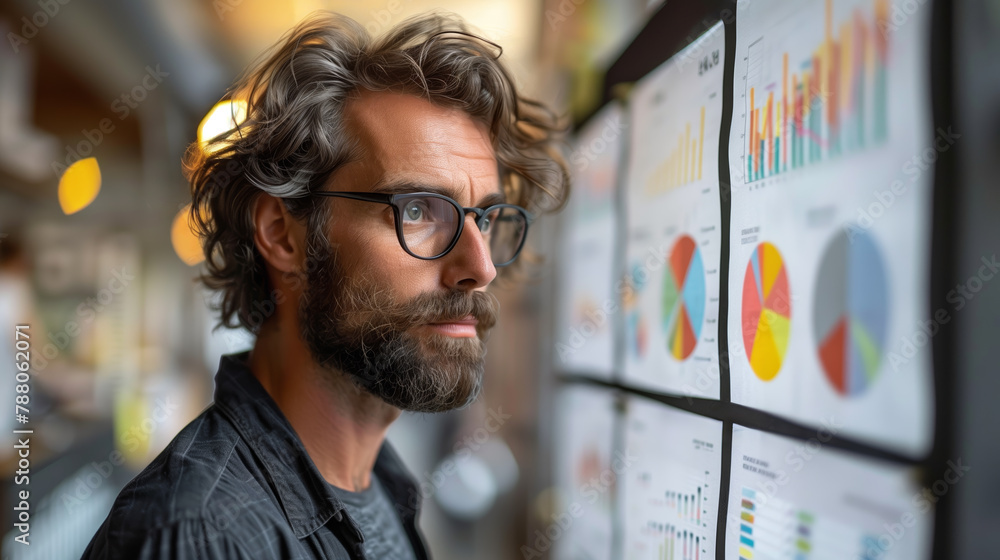 Poster a businessman analyzes colorful charts and graphs on display in an office setting, depicting busines