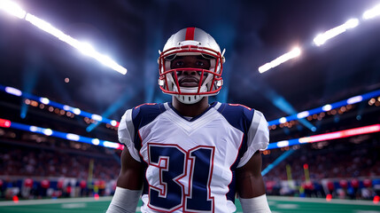American football player in uniform standing on the field, realistic style, stadium background, sports concept. Generative AI
