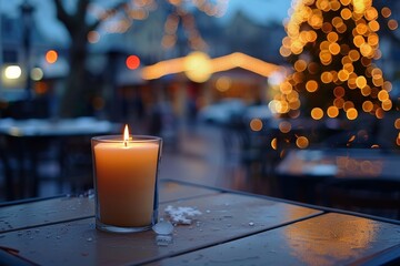 Lit candle on restaurant table outdoors in winter Christmas lights in background selective focus...