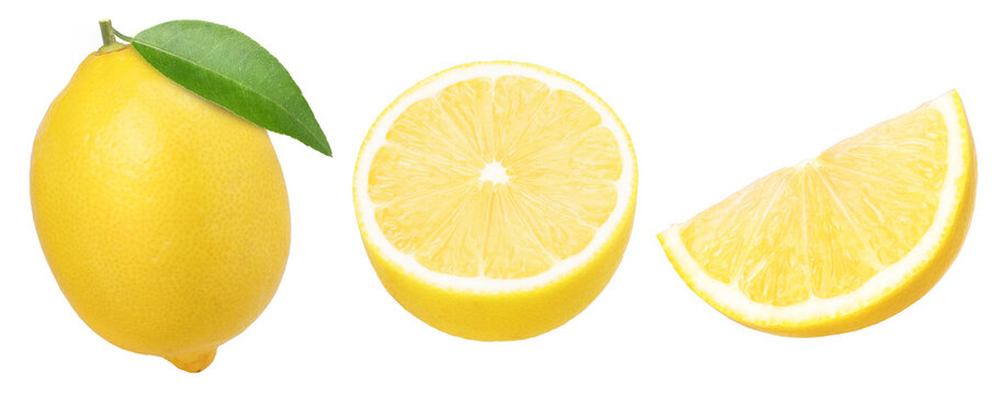  ripe  lemon fruit with leaves, slice and half isolated, Fresh and Juicy Lemon, transparent PNG, PNG format