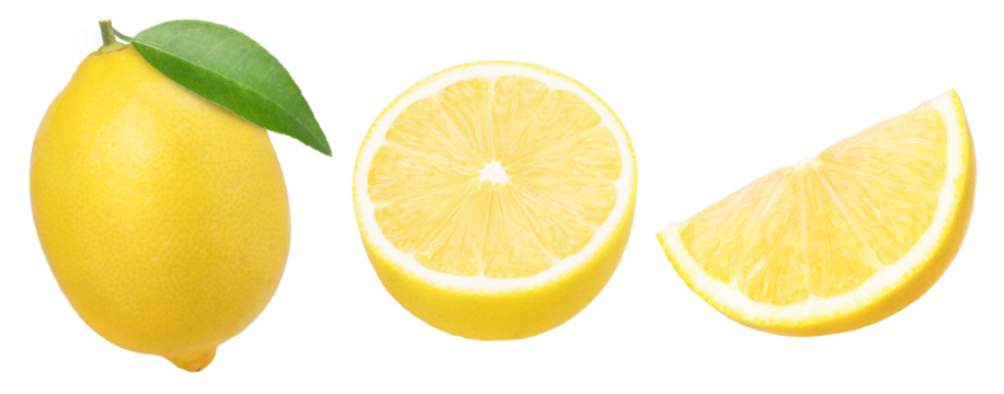  ripe  lemon fruit with leaves, slice and half isolated, Fresh and Juicy Lemon, transparent PNG, PNG format