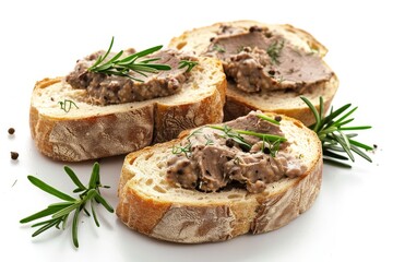 Liver pate on bread against white background