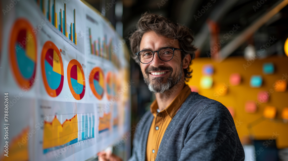 Poster a smiling man with glasses analyzing colorful pie charts and bar graphs on a poster, representing a 