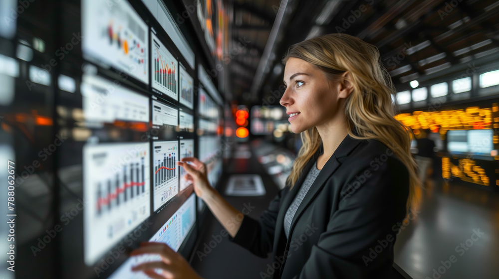 Poster a businesswoman analyzing diagrams and graphs on multiple screens in a high-tech environment, concep