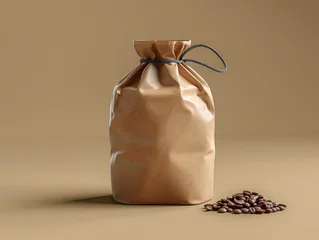  A sealed craft paper coffee bag with coffee beans on a beige background, exemplifying a product mockup concept. Generative AI © ImageFlow