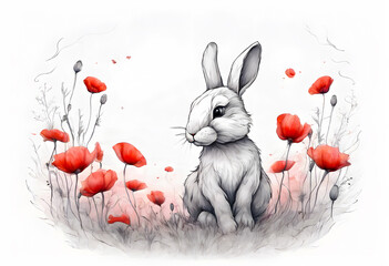 A cute bunny sits in a poppy field