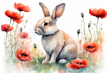 A cute bunny sits in a poppy field