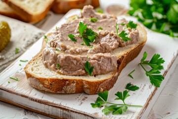 Liver pate on white bread close up no people selective focus