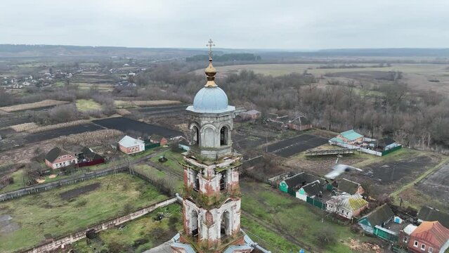 
Old church in the countryside. Aerial landscape.