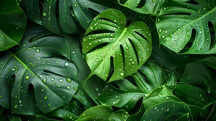 Nature's Beauty: Raindrops on Monstera Leaves Wallpaper