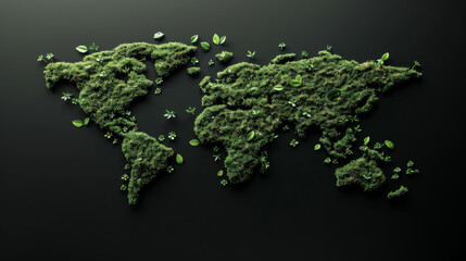 World map made from green grass and leaves. Ecology and green environment concept isolated on black background