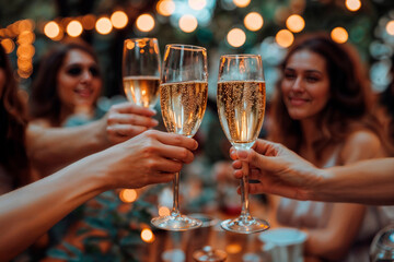 Evening champagne toast among friends. Generative AI