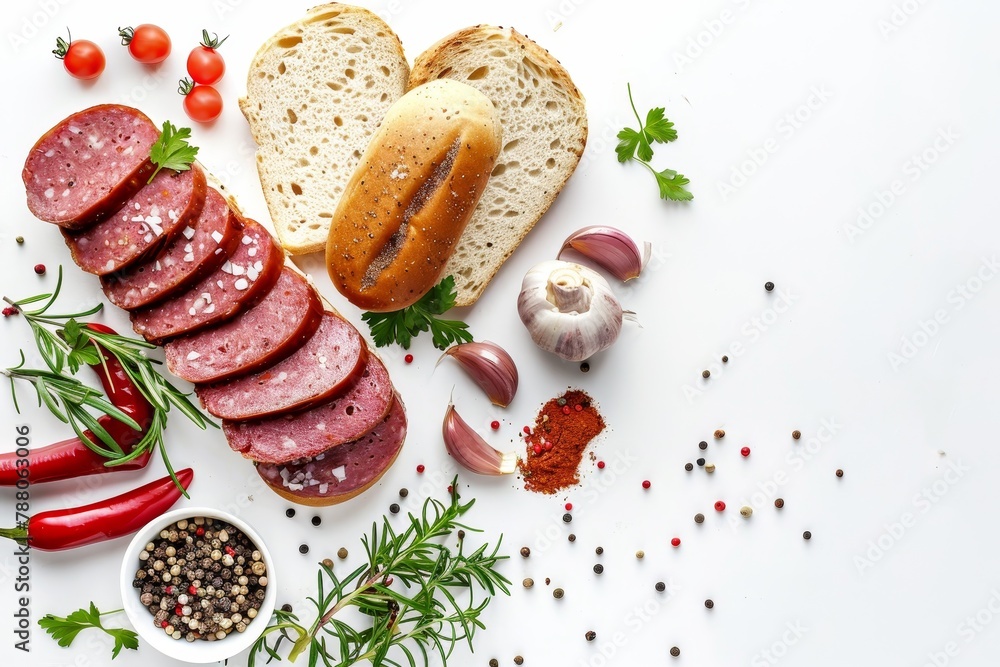 Sticker liverwurst sandwich with spices on white background overhead view