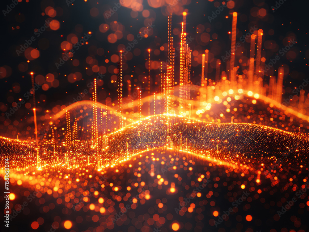 Poster a glowing orange digital wave with abstract particles on a dark background, illustrating the concept