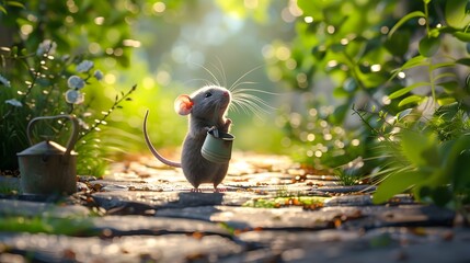 Determined Rat Hauling Miniature Watering Can Amidst Lush Greenery on Cobblestone Path - obrazy, fototapety, plakaty