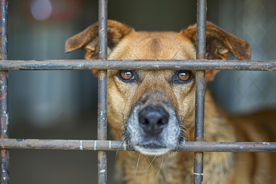 lonesome canine barking in shelter