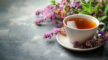 Obraz na płótnie Canvas Relaxing Herbal Tea with Blooms: Migraine Relief Tips. Concept Herbal Tea Recipes, Migraine Relief Techniques, Relaxation Tips