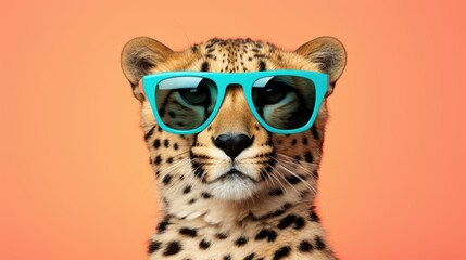 Cheetah in sunglass shade glasses isolated on solid pastel background, advertisement, surreal...