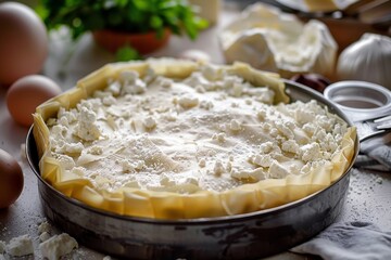 Making savory pie with phyllo dough and feta cheese