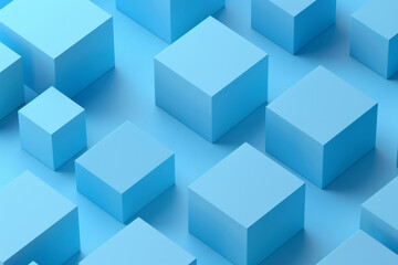 Cubes, illustration and graphic for 3d abstract, design and creative with pattern and virtual. Blue, geometric and techno or textures, structure and digital glow for background and form or wallpaper