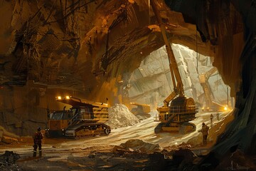 Painting depicting miners with tools and machinery working in a cave for construction purposes. Generative AI - obrazy, fototapety, plakaty