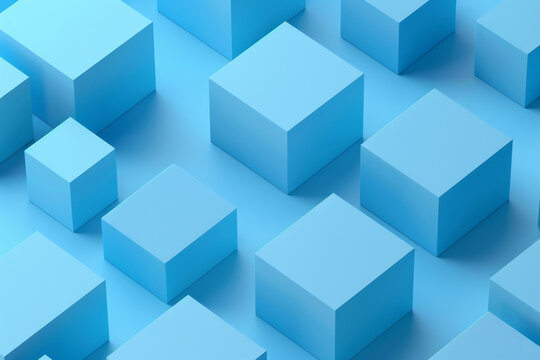 Fototapeta Cubes, illustration and graphic for 3d abstract, design and creative with pattern and virtual. Blue, geometric and techno or textures, structure and digital glow for background and form or wallpaper