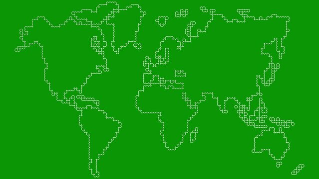 Animated silver world map from point pattern. Linear symbol is gradually drawn. Concept of travel, global, internet. Vector illustration isolated on green background.
