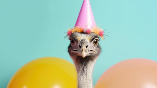 Emu bird in party cone hat necklace bowtie outfit isolated on solid pastel background advertisement, birthday party invite invitation banner