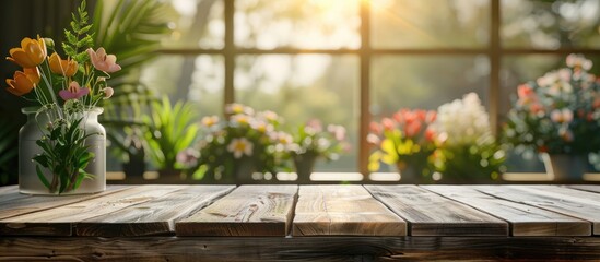Wooden tabletop against a blurred window with a garden flower background in the morning, suitable...