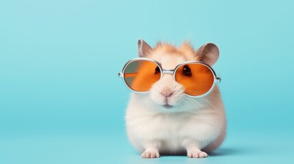 Hamster in sunglass shade glasses on solid pastel background, advertisement, surreal surrealism