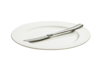 A knife is placed in an empty plate.
isolated on white background