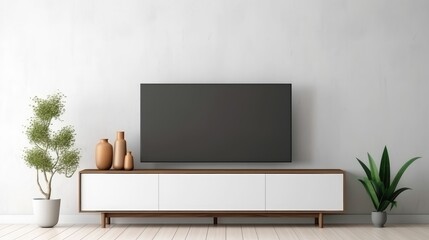 Large empty wall living room with blank television TV frame furniture deco. Banner template for product presentation 