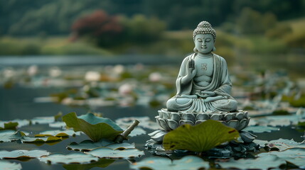 Buddha statue against the backdrop of a forest misty pond with water lilies in an ancient sanctuary or temple. Buddhism, Buddha Jayanti, Buddha Purnima. Siddhartha Gautama. Meditation, Zen. Culture an