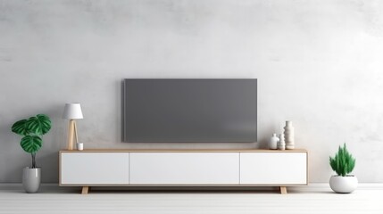 Large empty wall living room with blank television TV frame furniture deco. Banner template for product presentation 