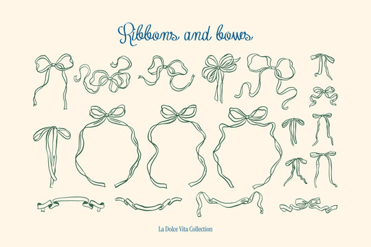 Minimalist hand drawn ribbons and bows vector illustration collection. Art for greeting cards, wedding invitations, poster design, postcards, branding, logo design, background.