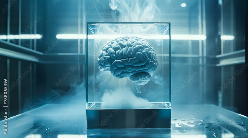 Poster a brain is displayed in a glass case. the brain is surrounded by water and he is glowing. concept of