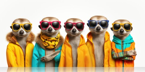 Meerkat in a group, vibrant bright fashionable outfits isolated on solid background advertisement, birthday party invite invitation banner 